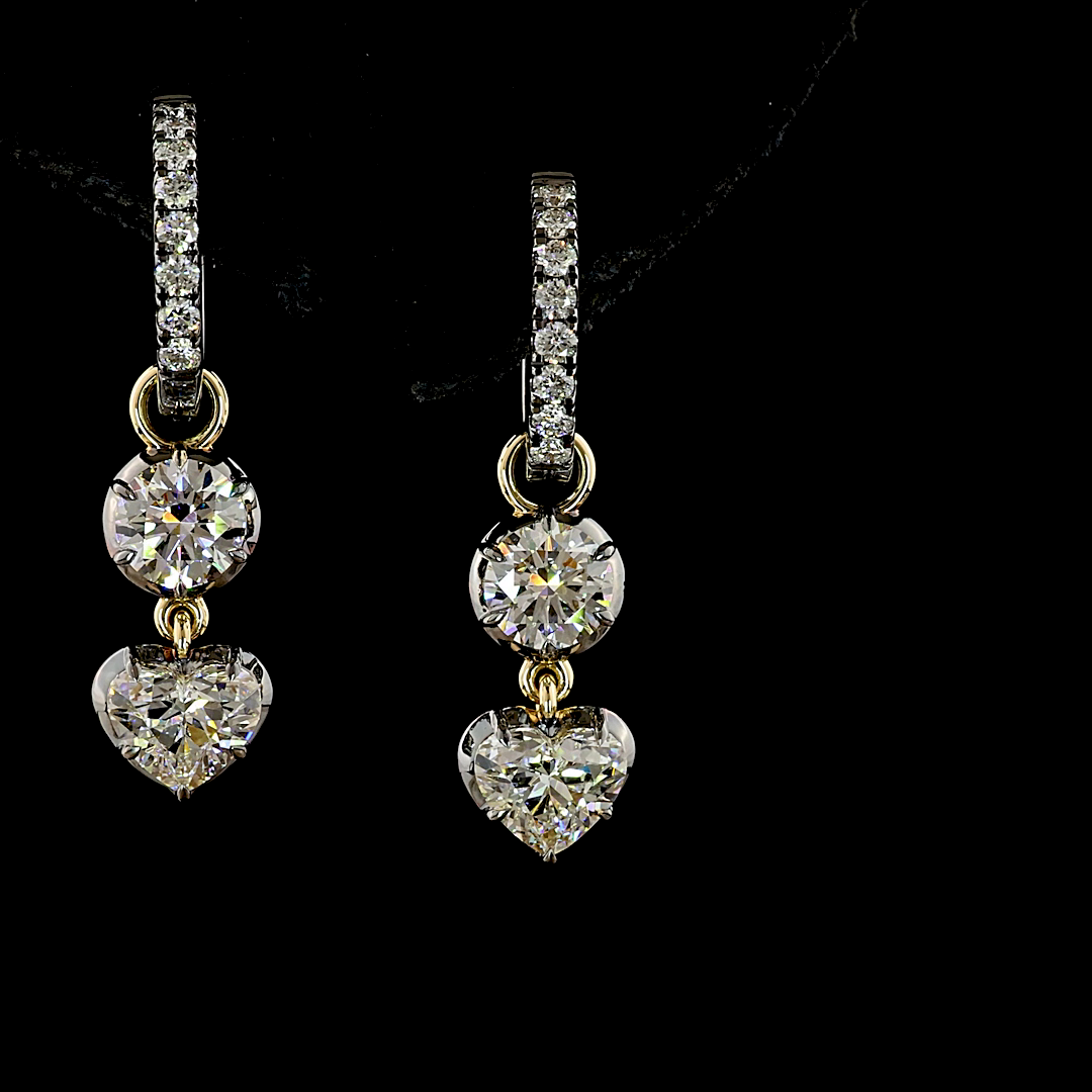 Lab-Grown 2.47 Carat Heart E-F-VS1 Diamond 14K Yellow Gold Hanging Earrings
