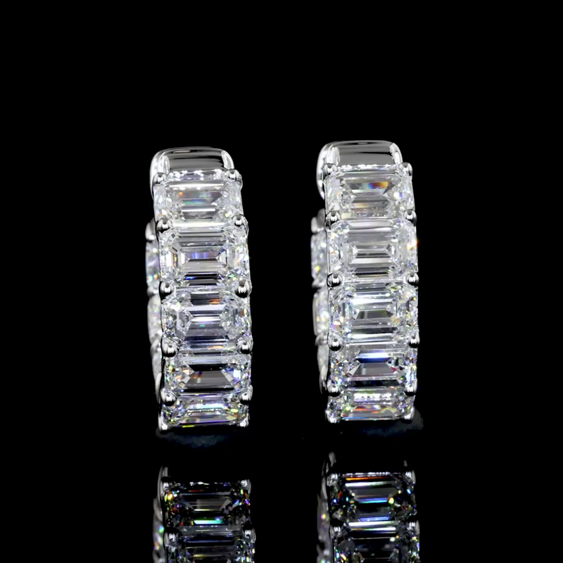 Lab-Grown 3.18 Carat Emerald E-VS1 Diamond 14K White Gold Huggies Earrings