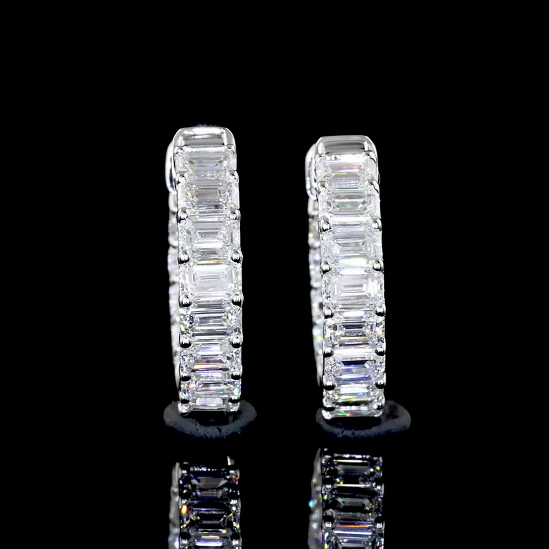 Lab-Grown 2.05 Carat Emerald E-VS Diamond 14K White Gold Huggies Earrings