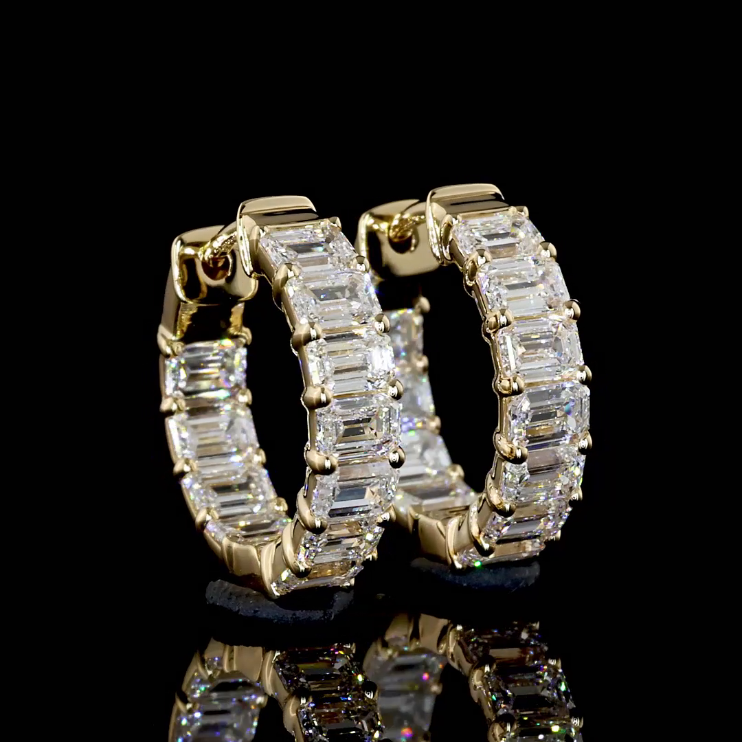 Lab-Grown 1.96 Carat Emerald E-VS1 Diamond 14K Yellow Gold Huggies Earrings