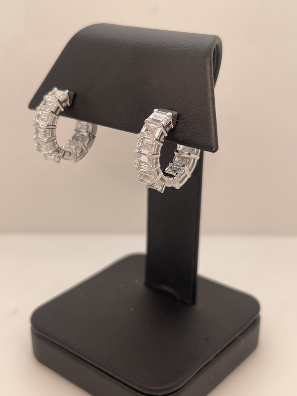 Lab-Grown 6.56 Carat Emerald F-VS2 Diamond 14K White Gold Huggies Earrings