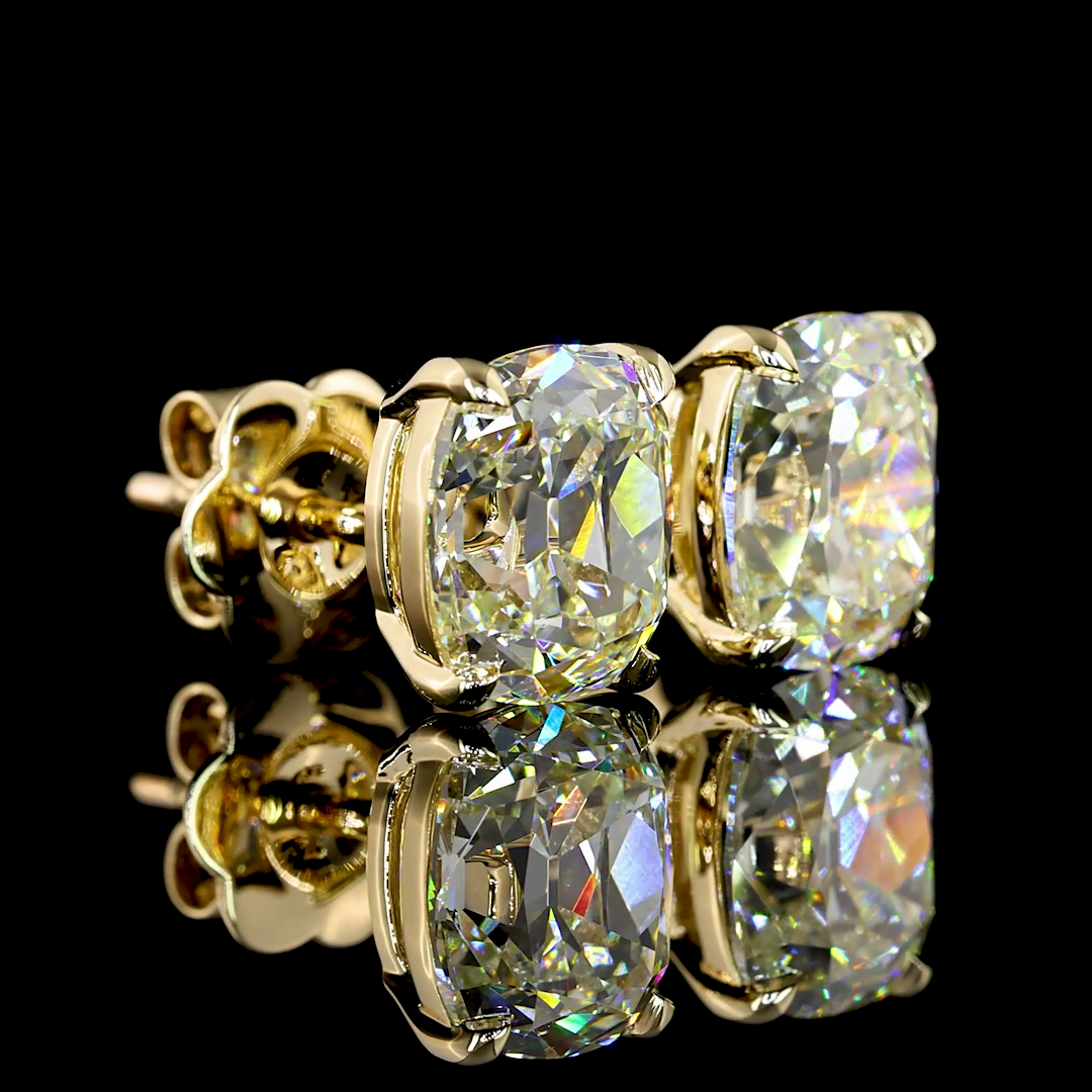 Lab-Grown 3.13 Carat Antique Cushion I-J-VS2 Diamond 14K YG Studs Earrings