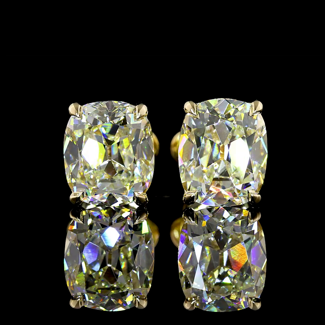 Lab-Grown 3.13 Carat Antique Cushion I-J-VS2 Diamond 14K YG Studs Earrings