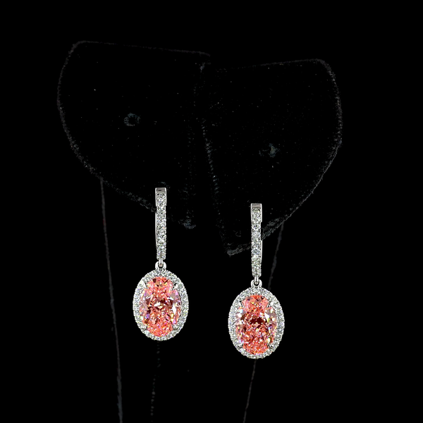 Lab-Grown 4.66 Carat Oval Fancy Intense Pink-VVS2 Diamond 14K White Gold Hanging Earrings