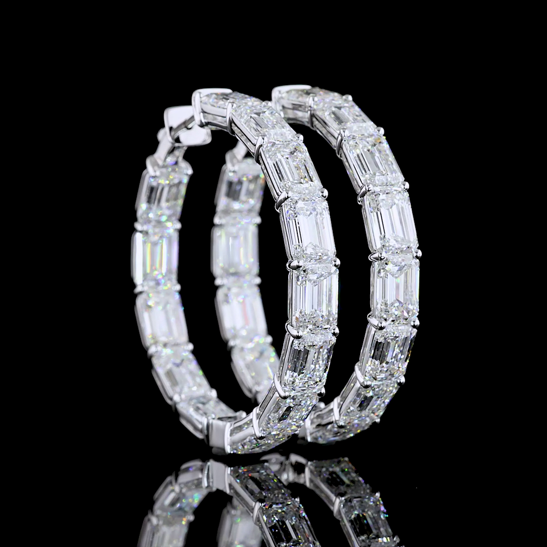 Lab-Grown 26.54 Carat Emerald E-F-VVS2 Diamond 14K White Gold Hoops Earrings