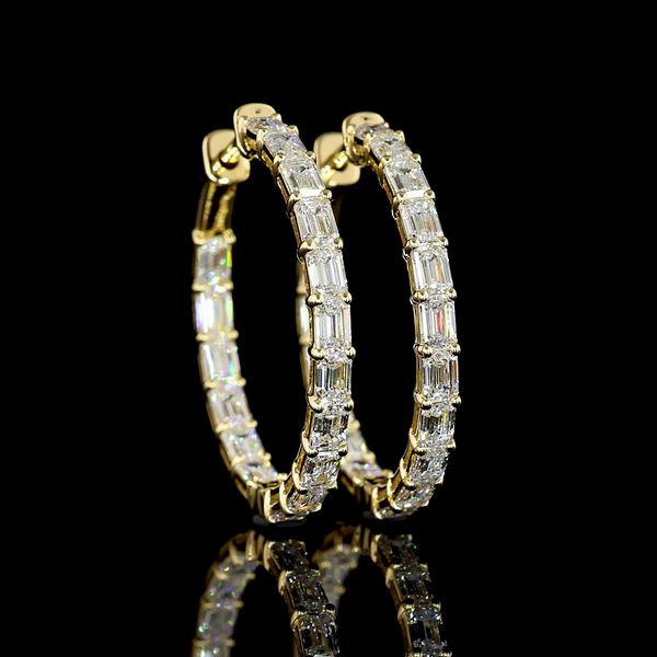 Lab-Grown 3.22 Carat Emerald E-VS Diamond 14K Yellow Gold Hoops Earrings