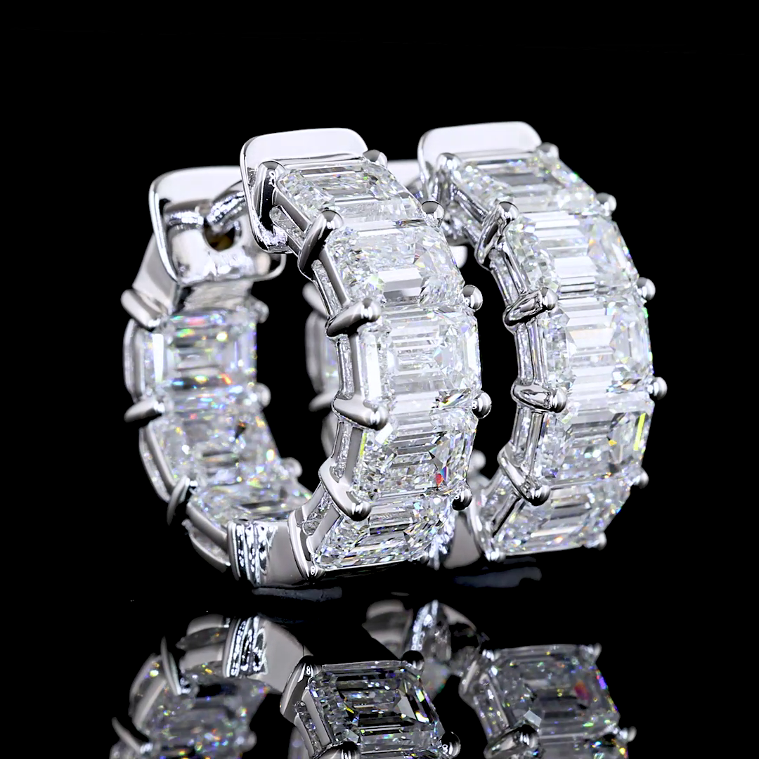 Lab-Grown 5.15 Carat Emerald E-VS Diamond 14K White Gold Huggies Earrings