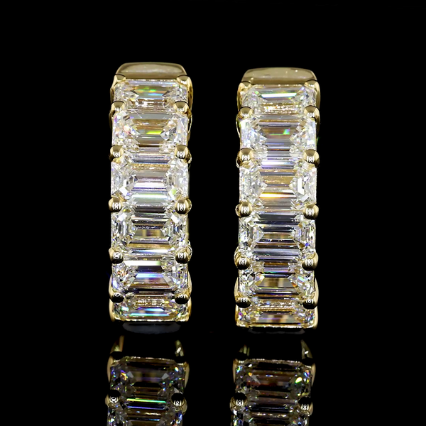 Lab-Grown 3.44 Carat Emerald E-VS Diamond 14K Yellow Gold Huggies Earrings