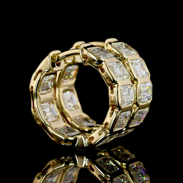 Lab-Grown 3.68 Carat Emerald E-VS Diamond 14K Yellow Gold Huggies Earrings