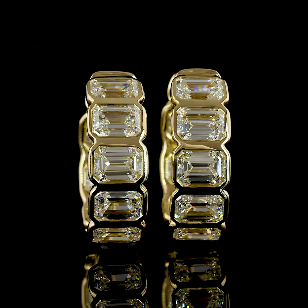 Lab-Grown 3.68 Carat Emerald E-VS Diamond 14K Yellow Gold Huggies Earrings