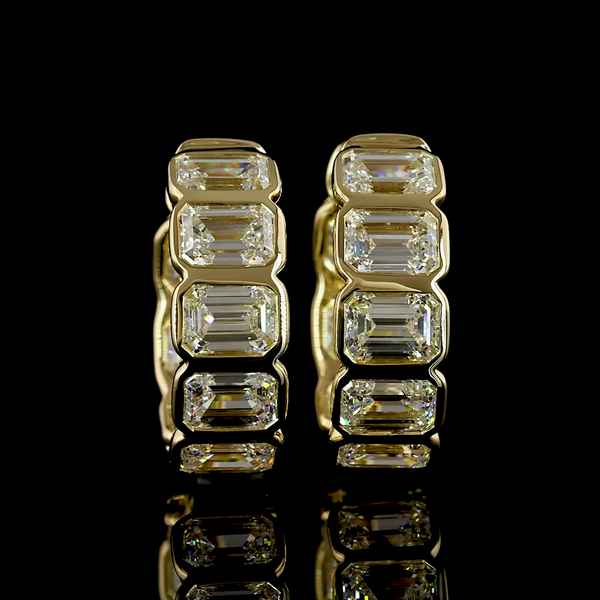 Lab-Grown 3.68 Carat Emerald E-VS Diamond 14K Yellow Gold Huggies Earrings