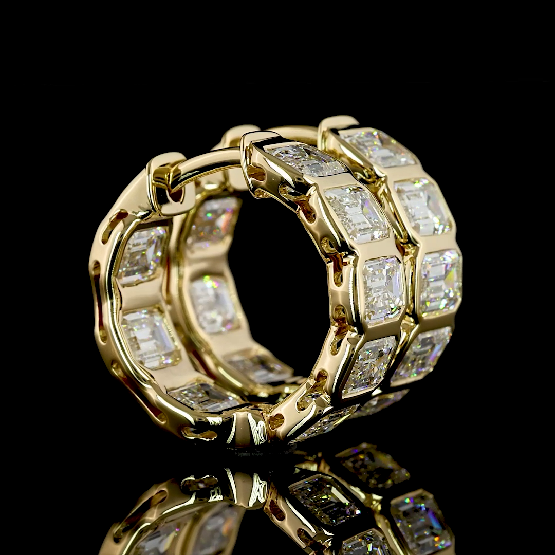 Lab-Grown 3.66 Carat Emerald E-VS Diamond 14K Yellow Gold Huggies Earrings