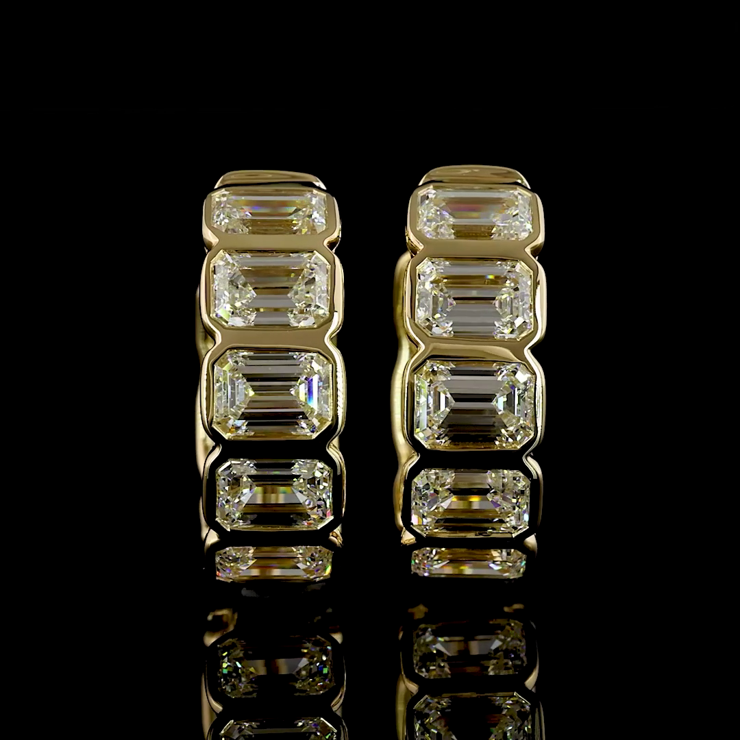 Lab-Grown 3.66 Carat Emerald E-VS Diamond 14K Yellow Gold Huggies Earrings