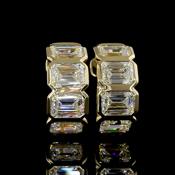 Lab-Grown 3.52 Carat Emerald E-VS Diamond 14K Yellow Gold Huggies Earrings