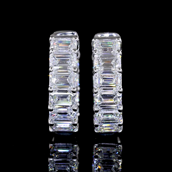 Lab-Grown 3.03 Carat Emerald E-VS Diamond 14K White Gold Huggies Earrings