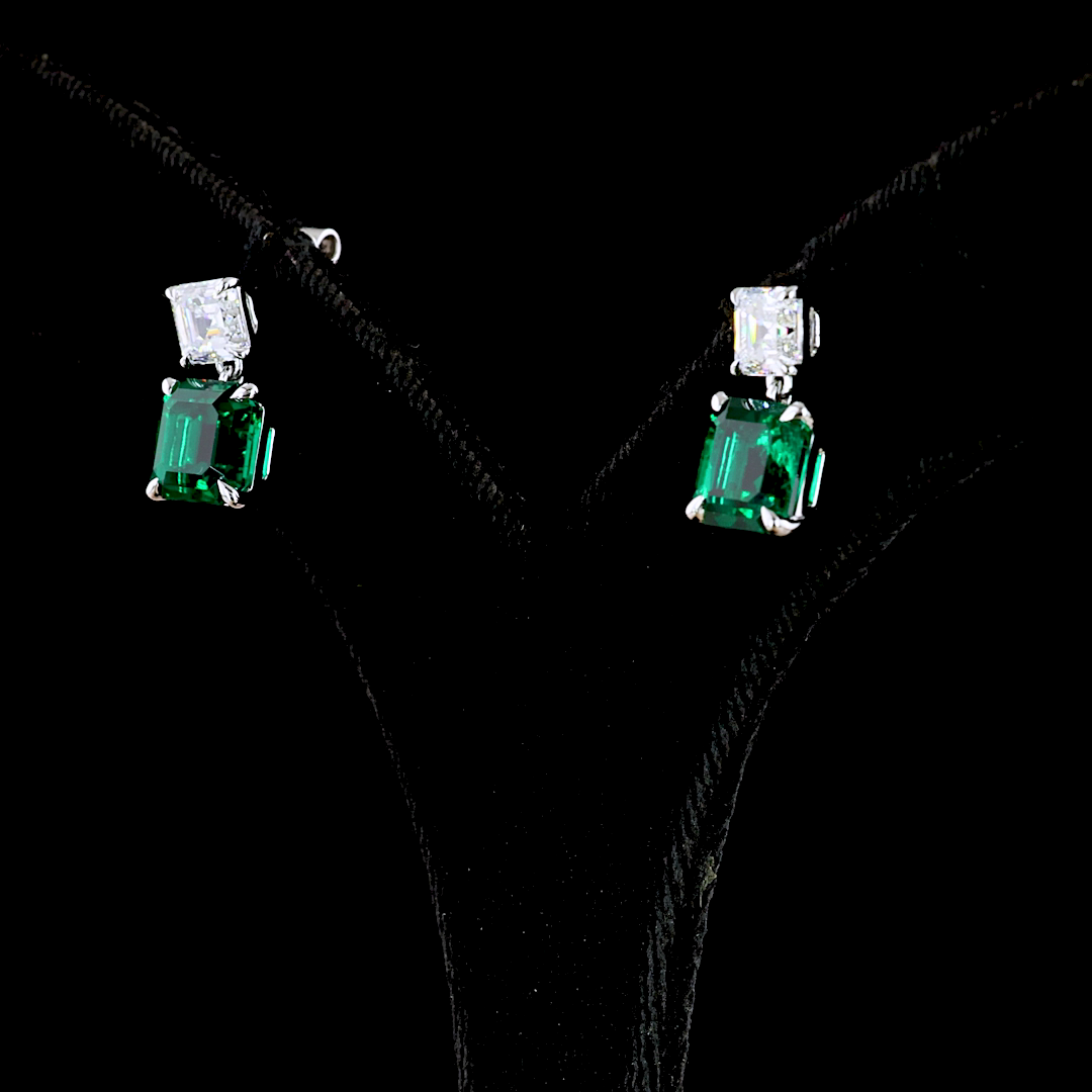 Lab-Grown 5.75 Carat Asscher Green Emerald-VS Diamond 14K WG Hanging Earrings