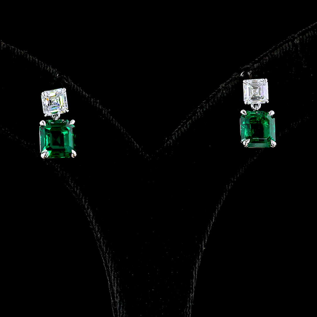 Lab-Grown 5.75 Carat Asscher Green Emerald-VS Diamond 14K WG Hanging Earrings