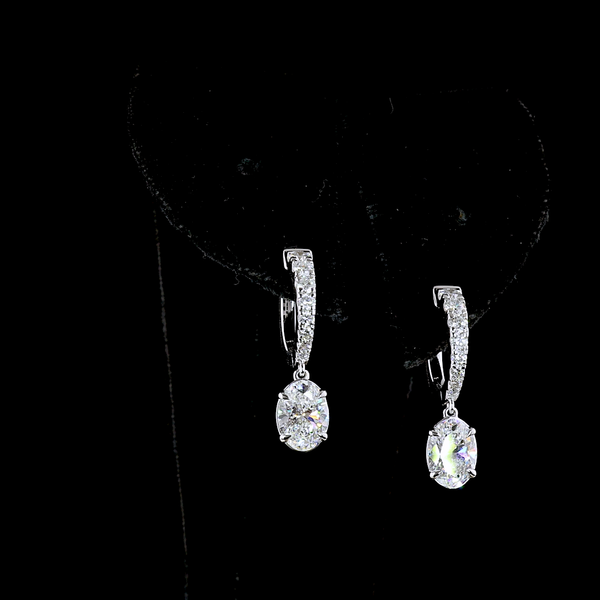 Lab-Grown 2.58 Carat Oval E-VS1 Diamond 14K White Gold Hanging Earrings
