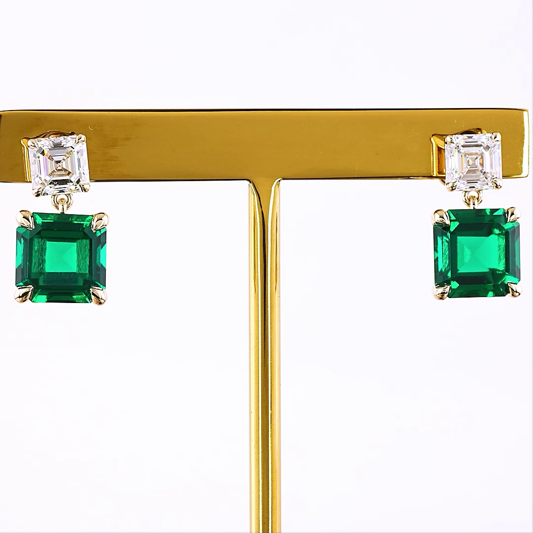 Lab-Grown 5.43 Carat Asscher Green Emerald-VS1 Diamond 14K YG Hanging Earrings