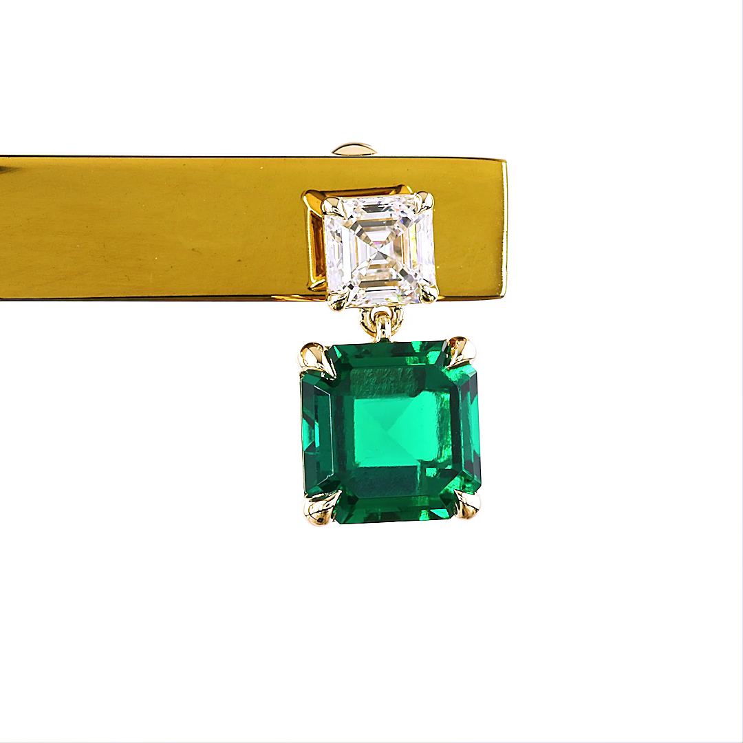 Lab-Grown 5.43 Carat Asscher Green Emerald-VS1 Diamond 14K YG Hanging Earrings