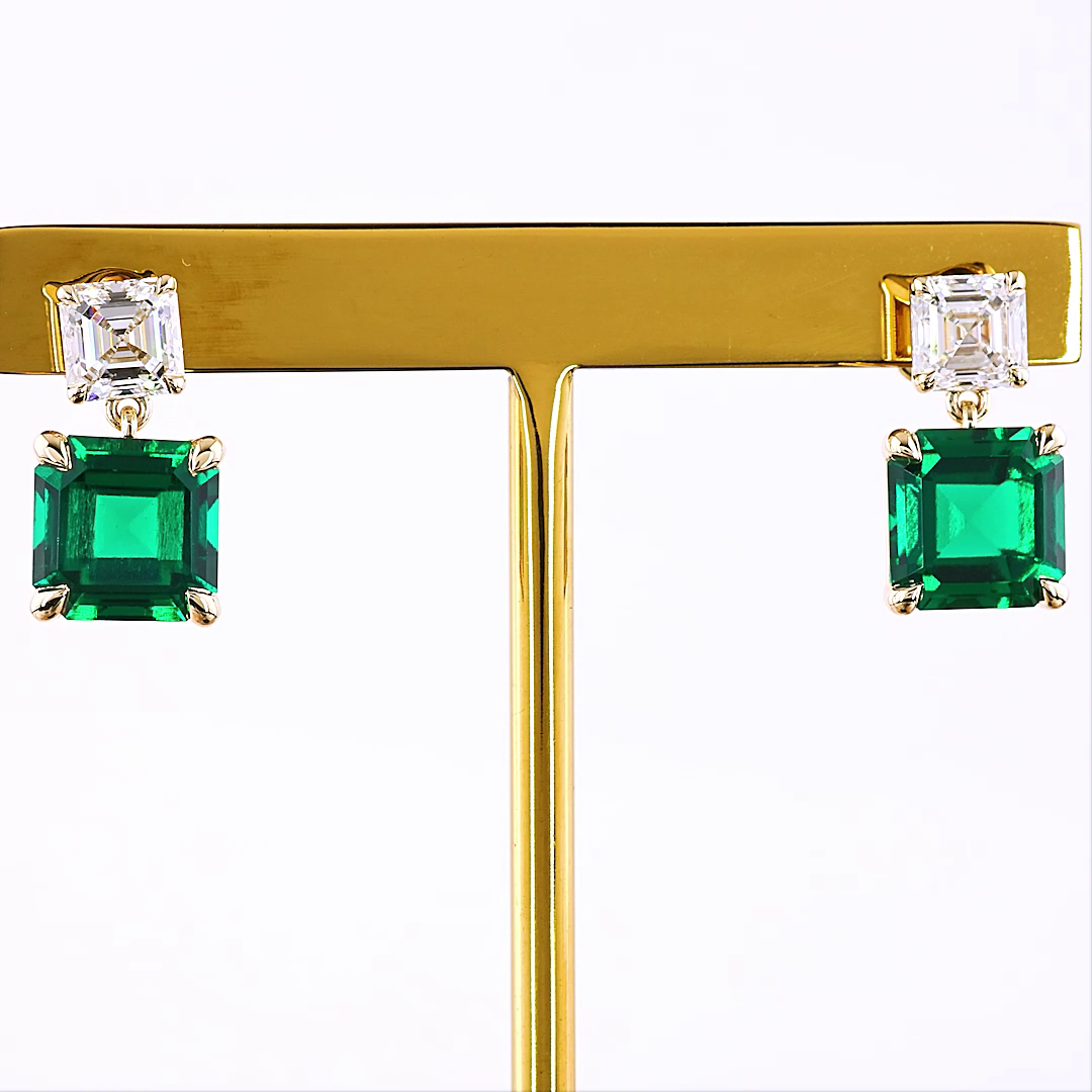 Lab-Grown 5.52 Carat Asscher Green Emerald-VS1 Diamond 14K YG Hanging Earrings
