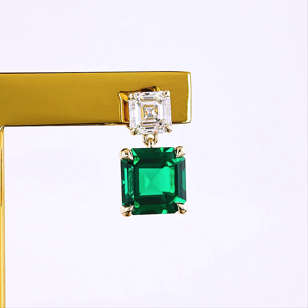 Lab-Grown 5.52 Carat Asscher Green Emerald-VS1 Diamond 14K YG Hanging Earrings