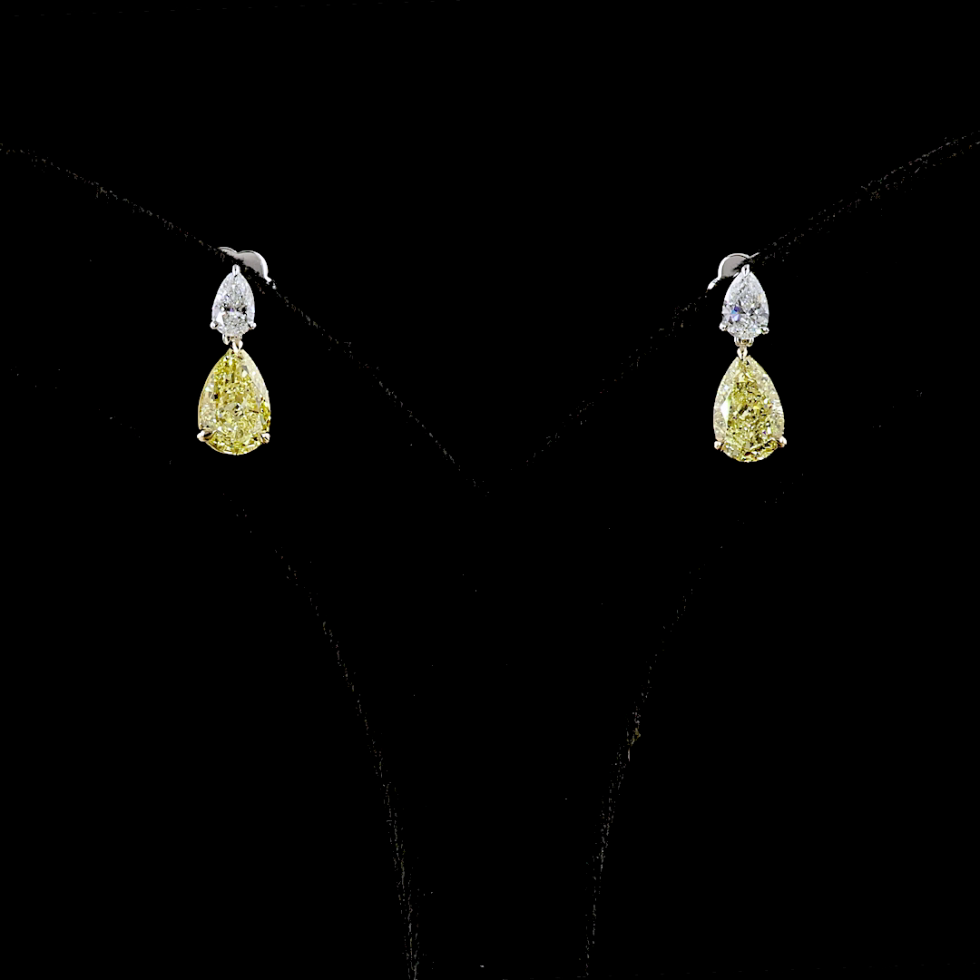 Lab-Grown 3.39 Carat Pear Fancy Vivid Yellow-VS2 Diamond 14K Two Tone Hanging Ea