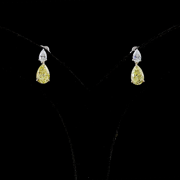 Lab-Grown 3.39 Carat Pear Fancy Vivid Yellow-VS2 Diamond 14K Two Tone Hanging Ea