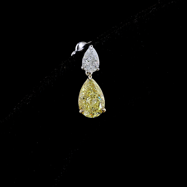 Lab-Grown 3.39 Carat Pear Fancy Vivid Yellow-VS2 Diamond 14K Two Tone Hanging Ea
