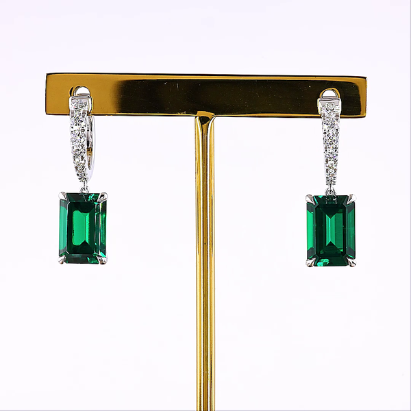 Lab-Grown 0.53 Carat Emerald -VS2 Diamond 14K White Gold Hanging Earrings