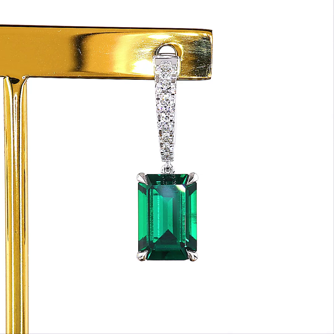 Lab-Grown 0.53 Carat Emerald -VS2 Diamond 14K White Gold Hanging Earrings