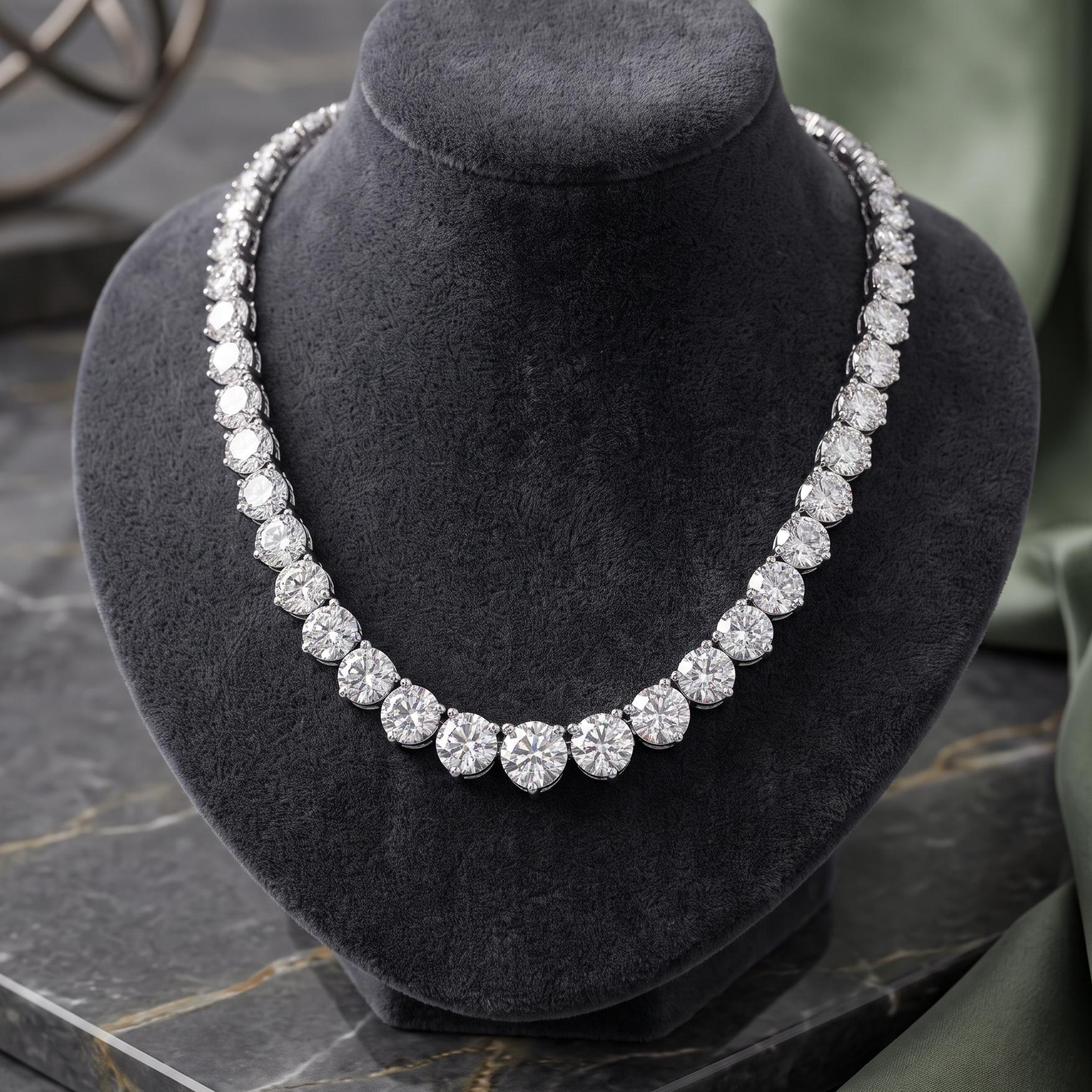 New 14K White Gold Riviera Necklace with 37.63 Carat Round Diamonds GIA