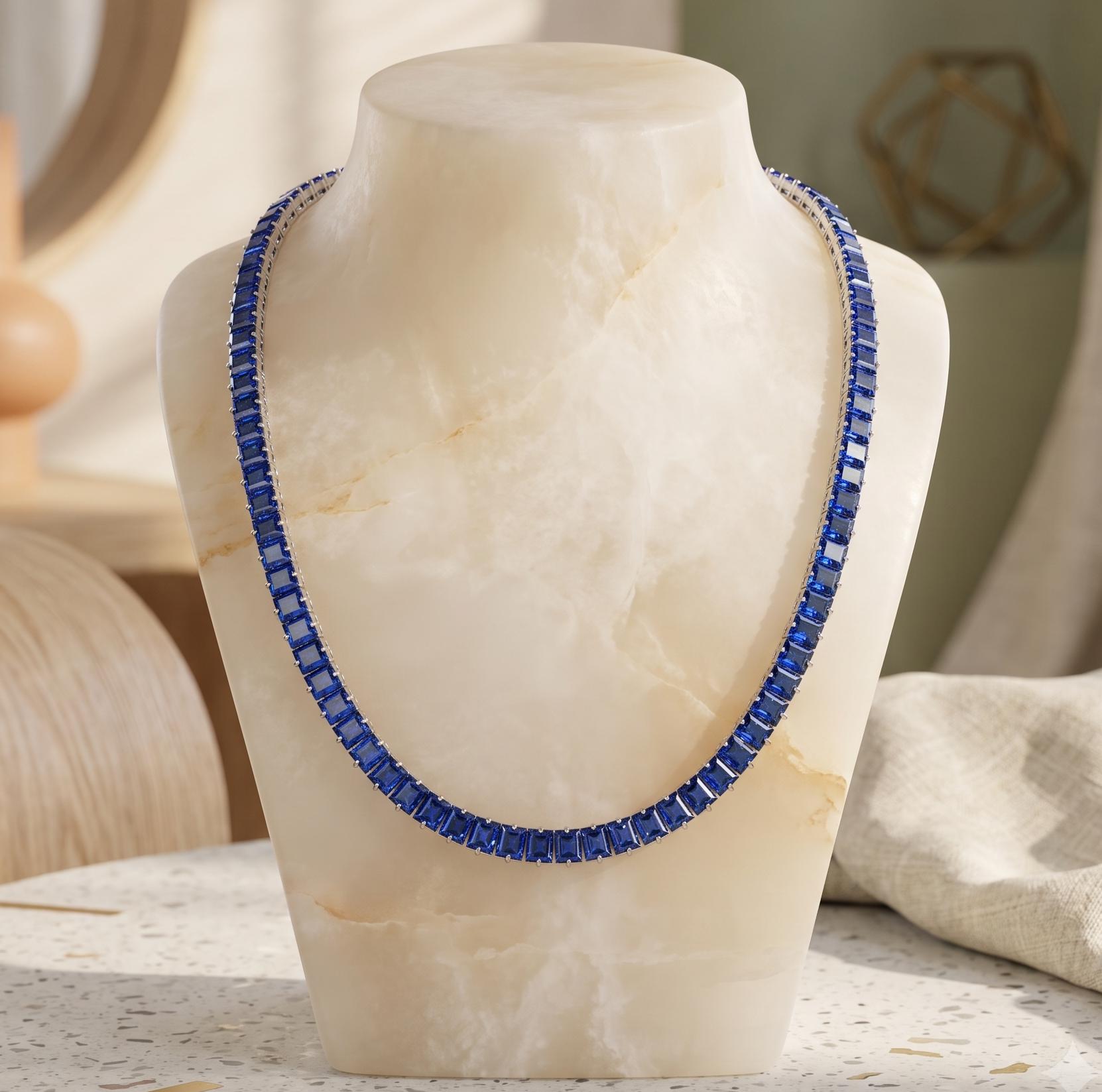 Vintage 10K White Gold Tennis Necklace with 33.3 Carat Sapphire 17.5 Inch 41.7g