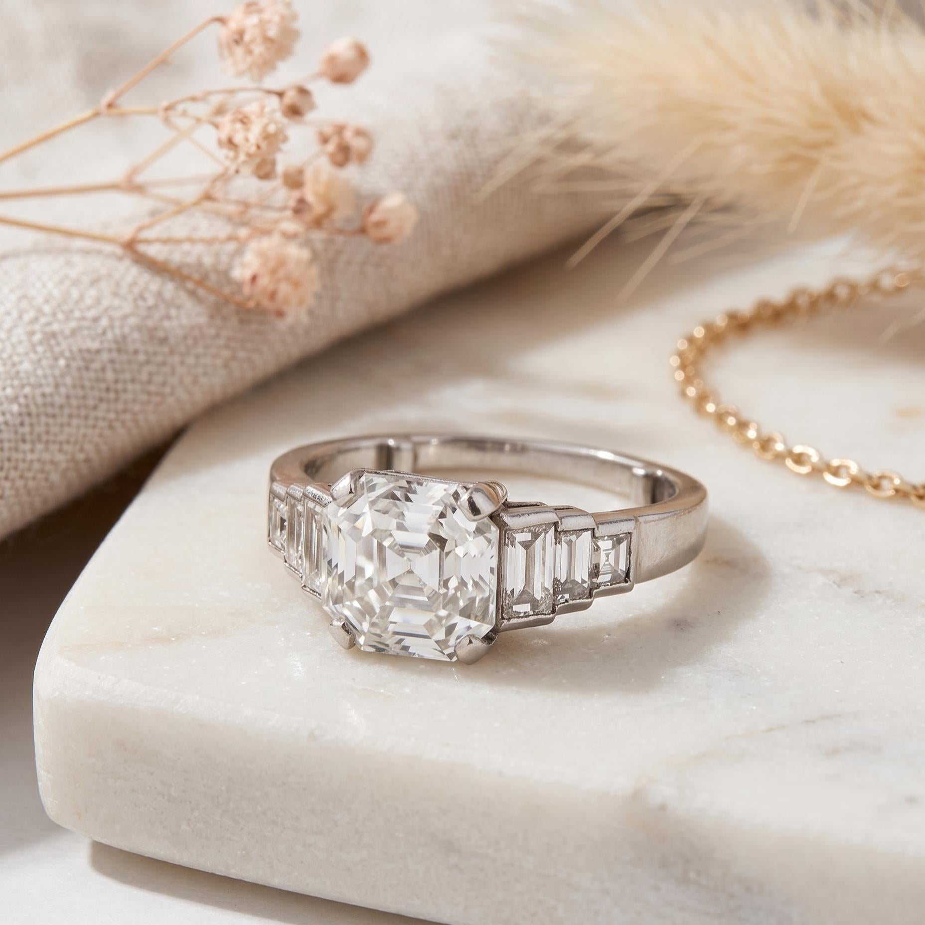 Platinum Engagement Ring with 3.44ct Asscher & Baguette Shape Diamonds G SI2 GIA