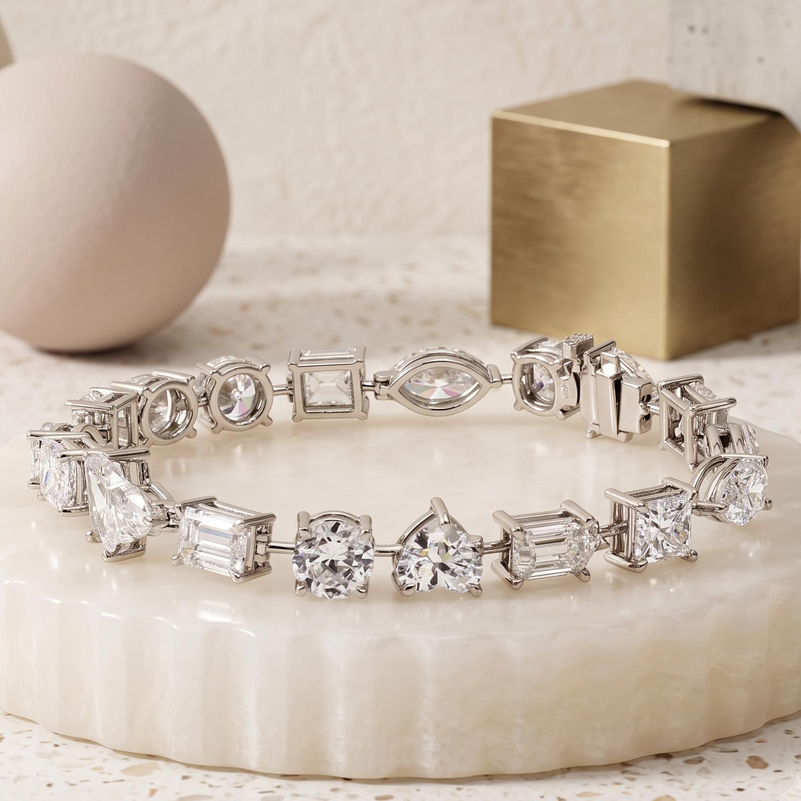 18K White Gold Tennis Bracelet with 17.80 Carat Mixed Cut Diamonds 6.5 Inch GIA