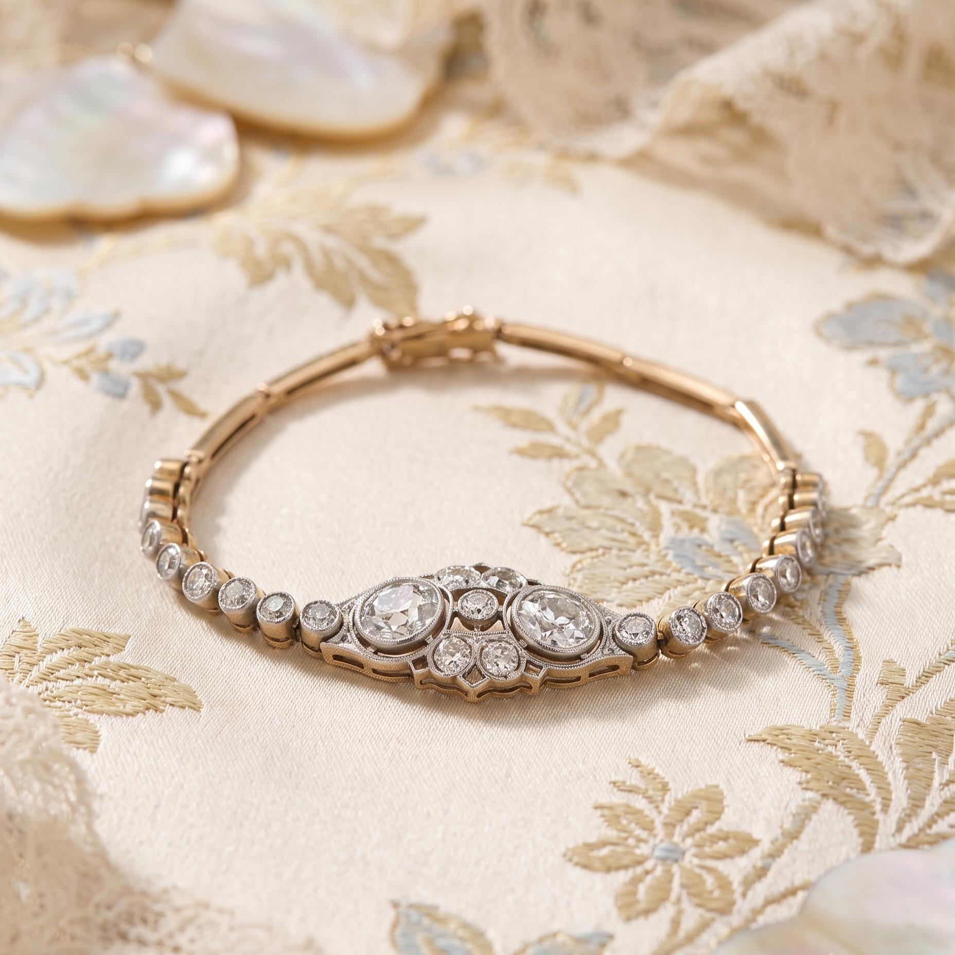 Antique 14K Yellow Gold Edwardian Bracelet with 2.92ct Round K SI  Diamonds