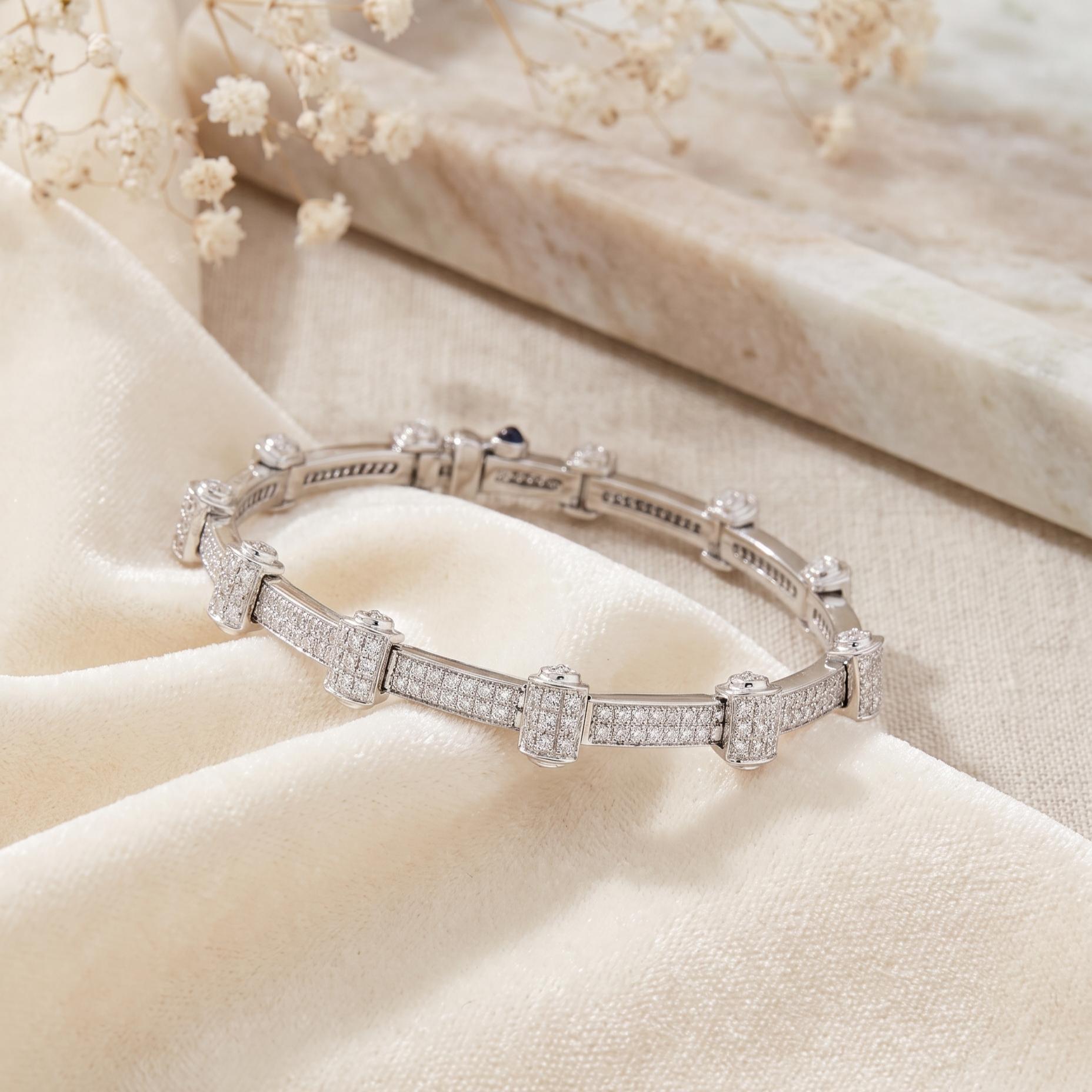 Charriol 18K White Gold Link Bracelet 1.25ct Round Diamonds & 0.15ct Sapphire