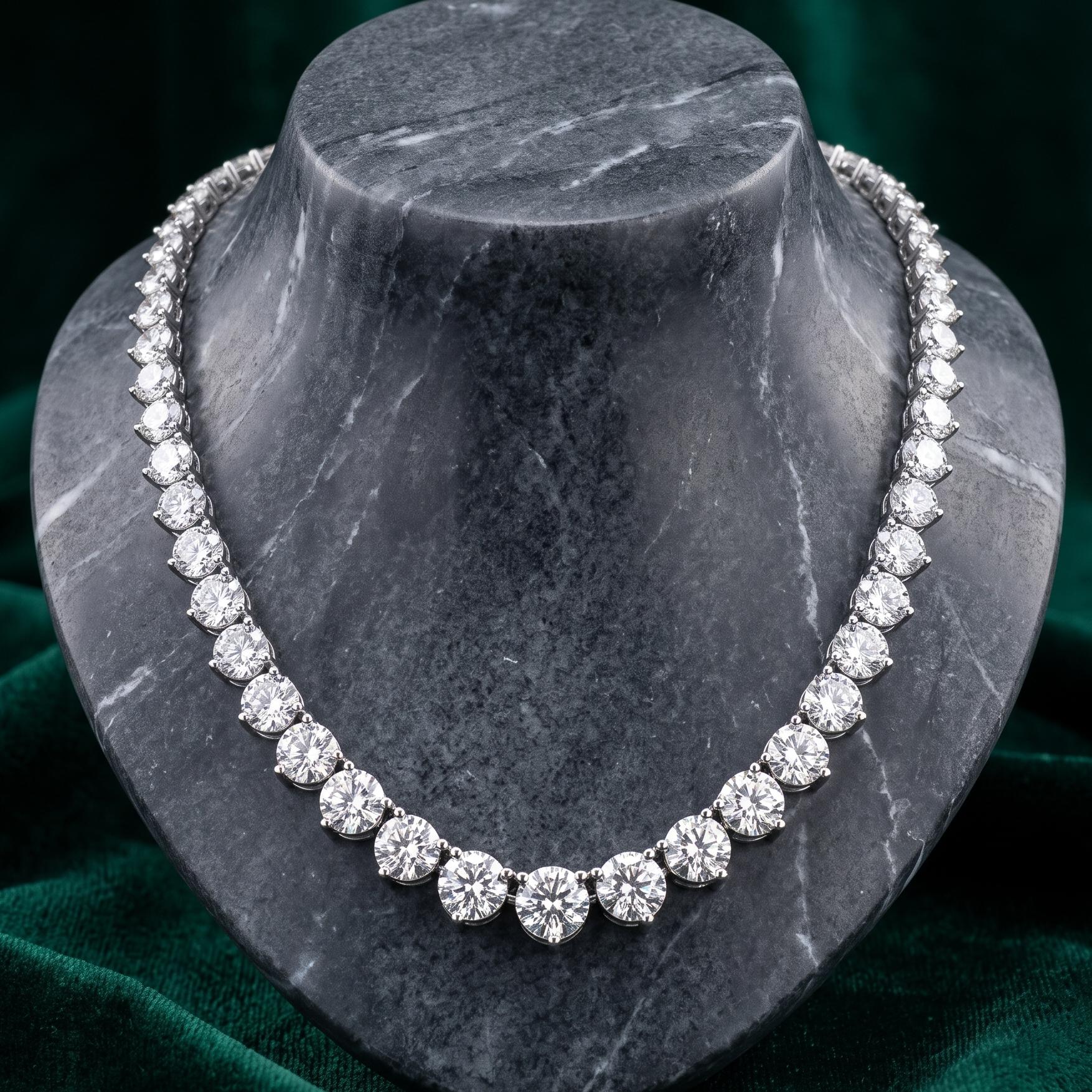 Vintage 18K White Gold Riviera Necklace with 33.58 Carat Round Diamonds 17 In