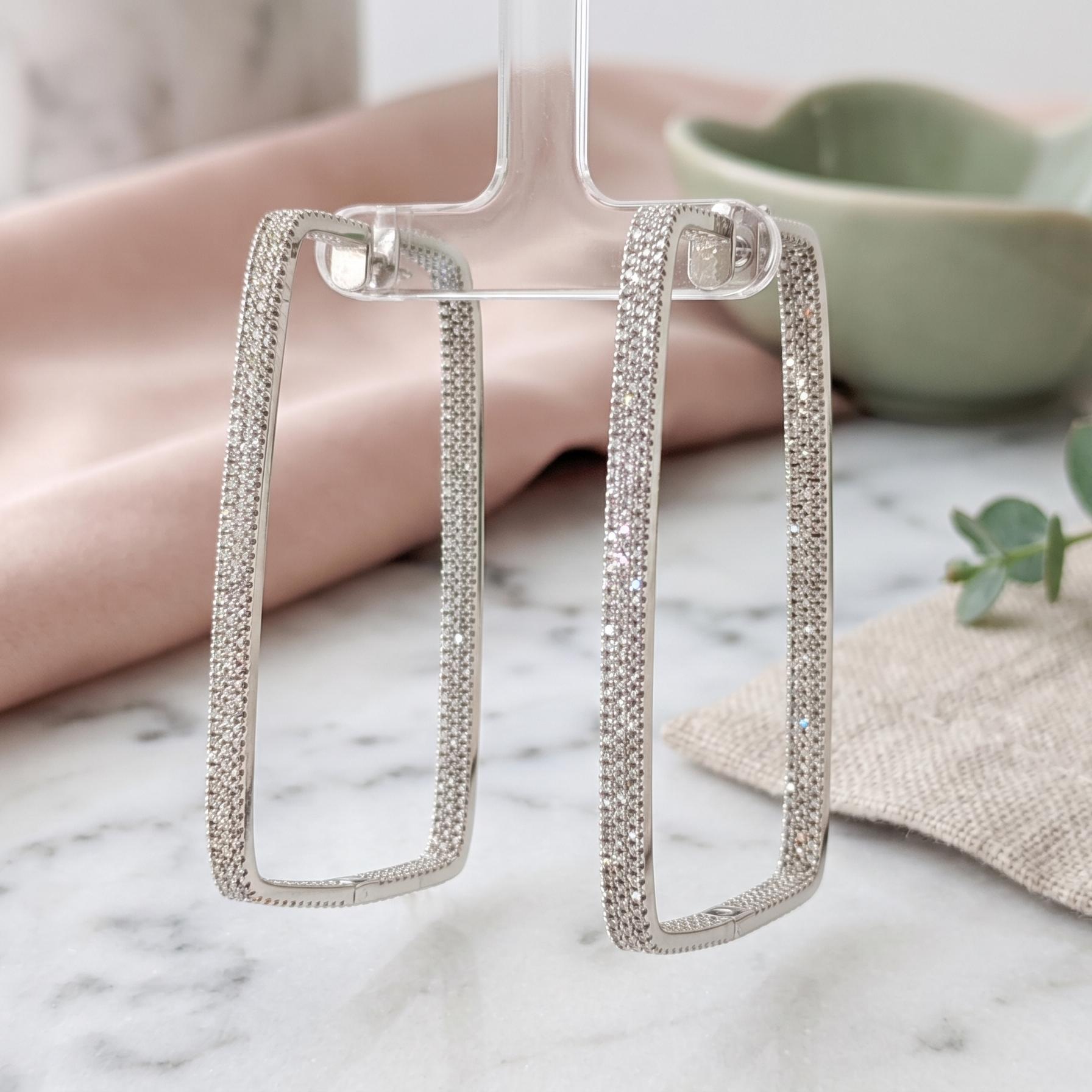 18K White Gold Hoop Earrings with 3.5 Carat Round J VVS1 Diamonds 23.1 Grams