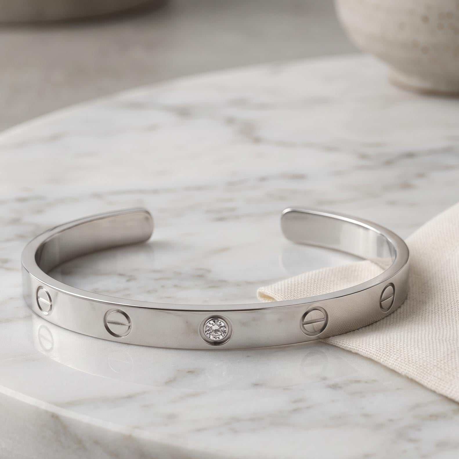 Cartier 18K White Gold Cuff Bracelet with 0.1 Carat Round F VVS Diamonds Size 17