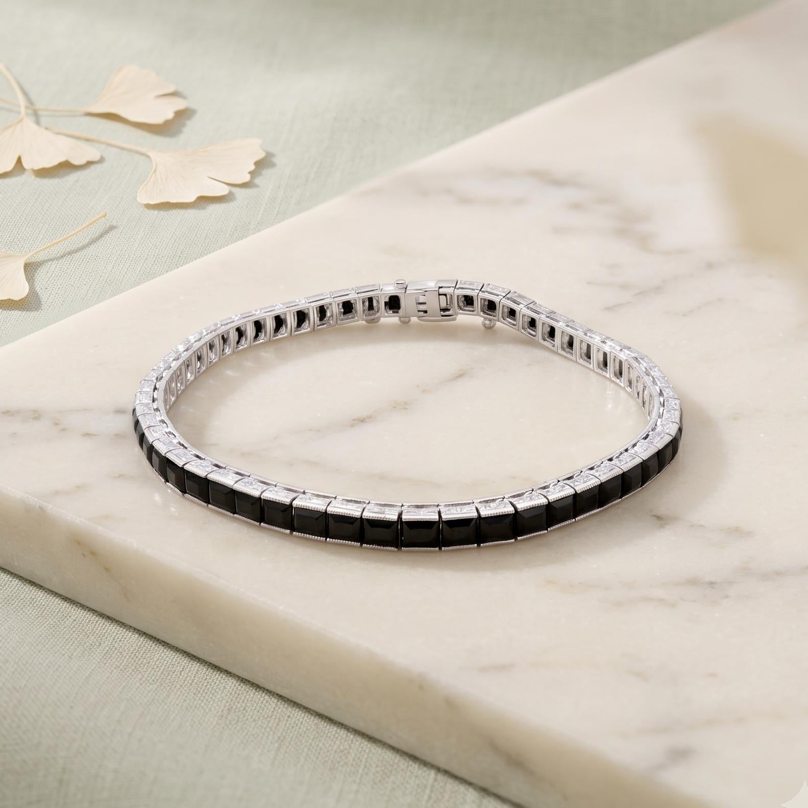 Vintage White Platinum Tennis Bracelet with 2.00x3.1 MM Onyx Stones