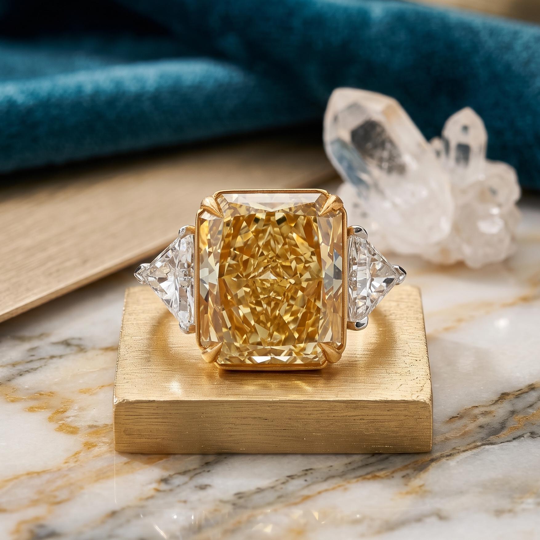 Platinum Three-Stone Ring with 15.84ct Radiant & Triangular Diamonds FDY VS1 GIA