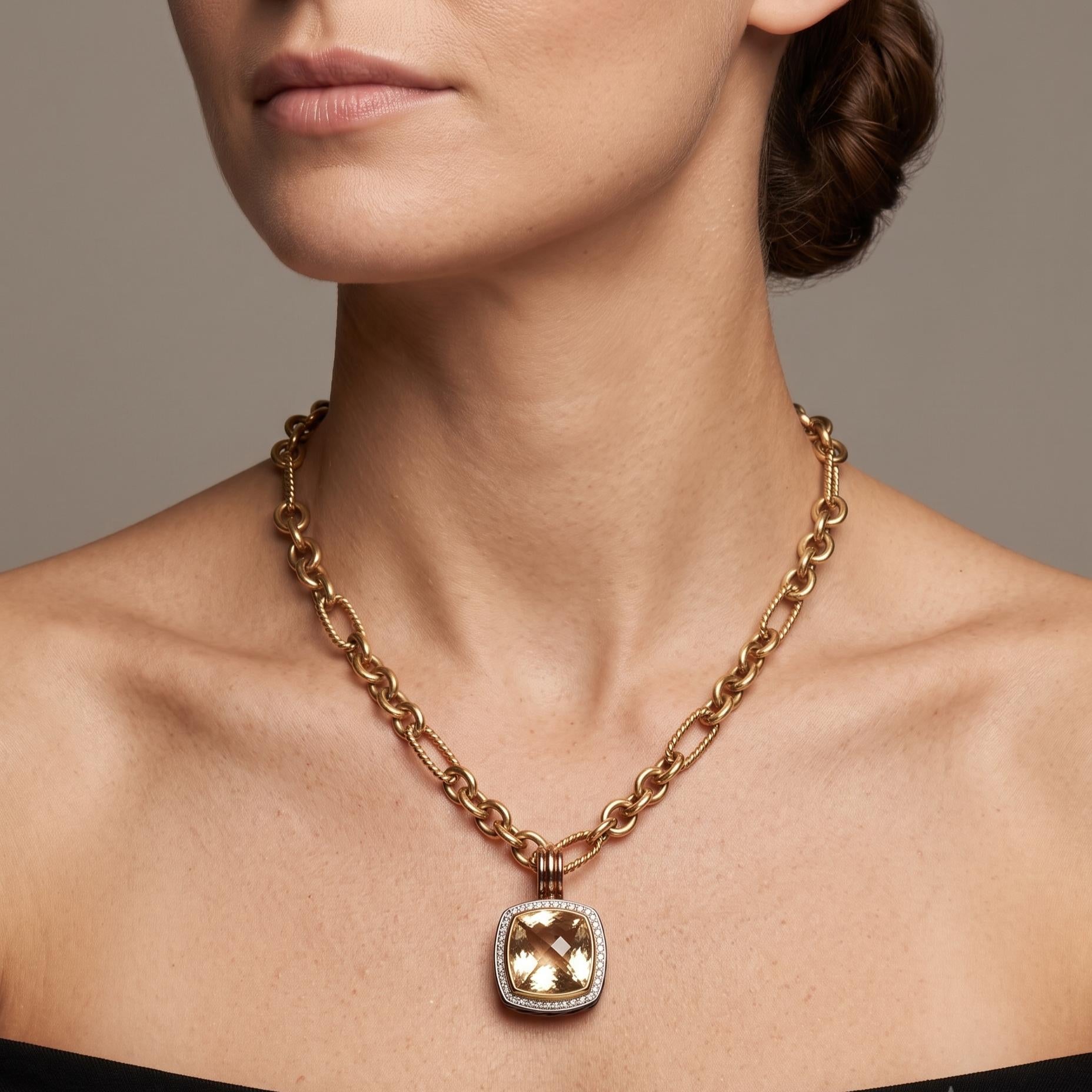 18K Two Tone Gold Pendant Necklace with 0.35ct Round G VS Diamond 13.5mm Citrine