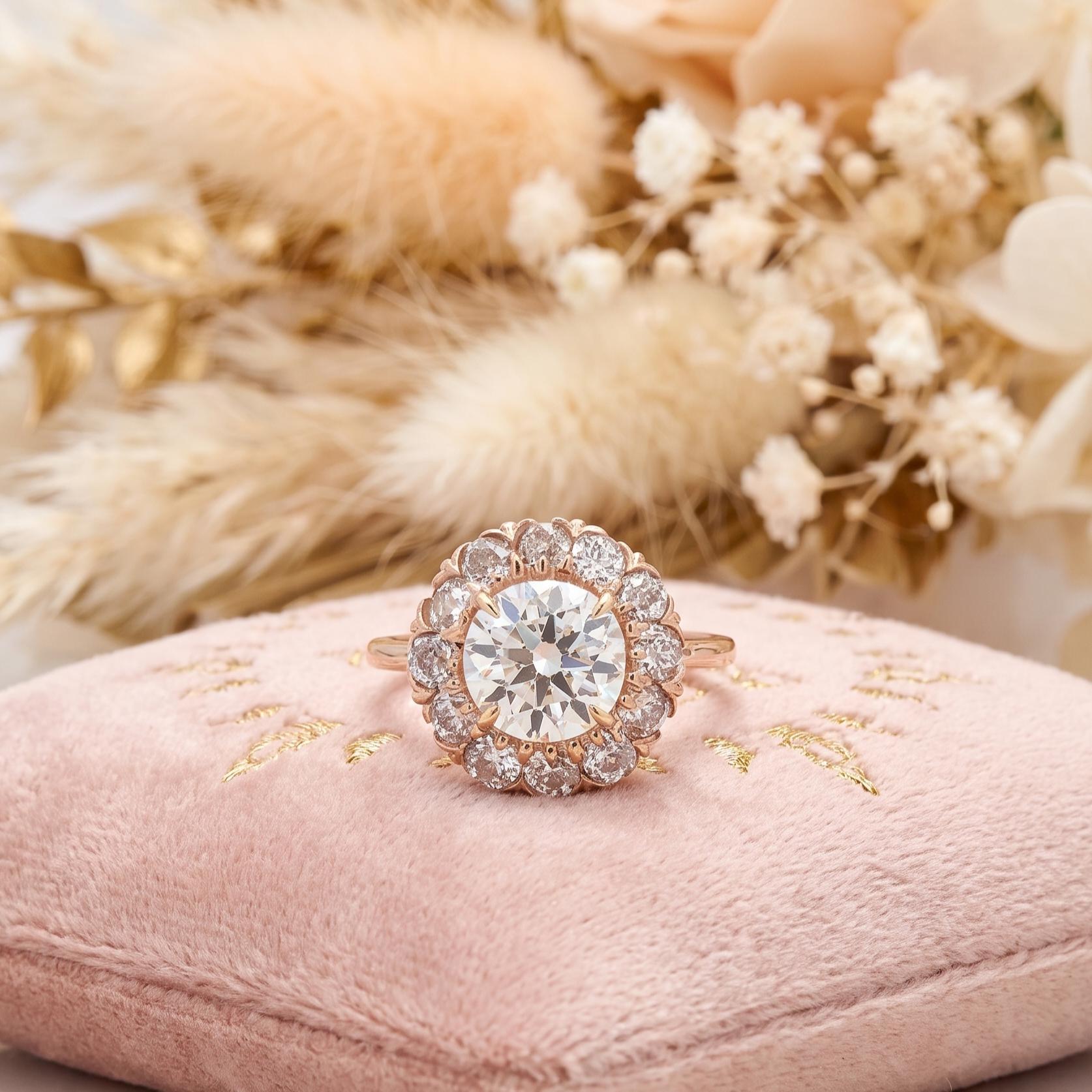 14K Rose Gold Halo Ring with 3.62ct Old European Diamonds Size 5.75 GIA K SI1
