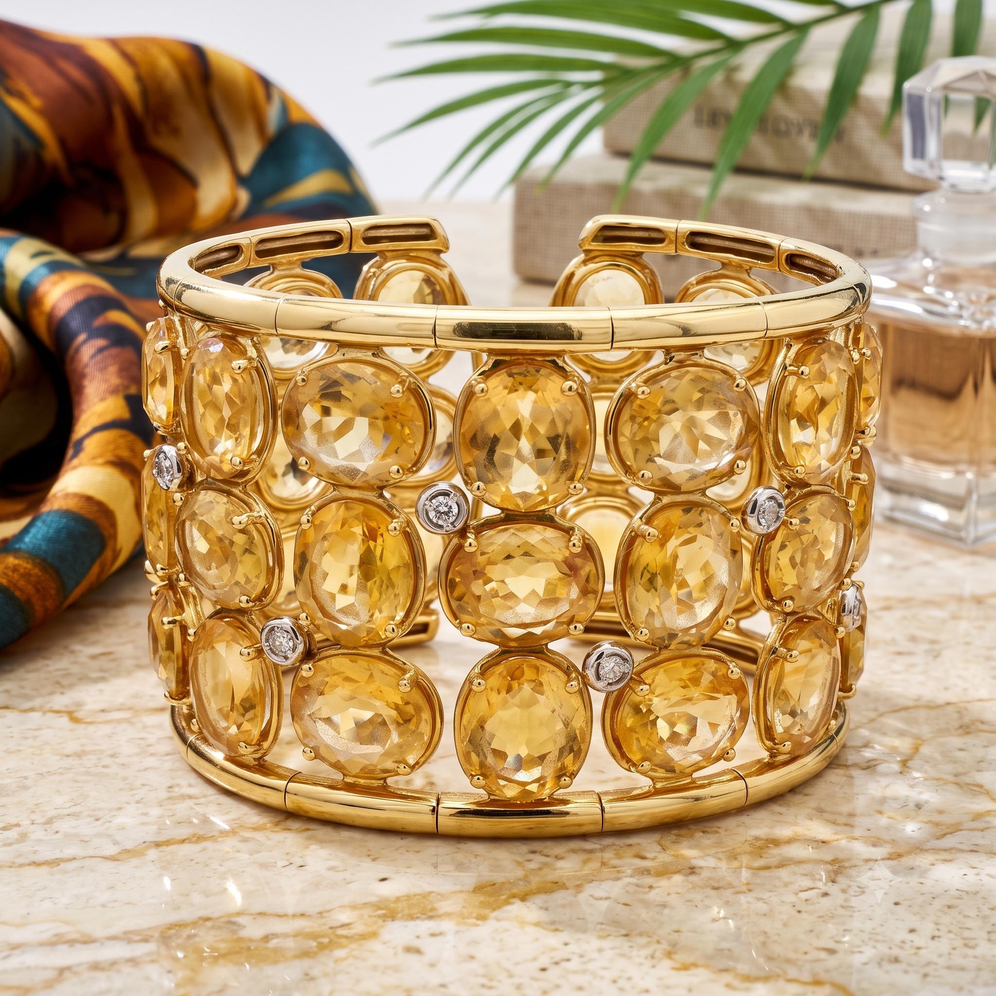 Estate 18K Yelow Gold Bangle Bracelet with 0.42ct Round Diamonds & 195ct Citrine