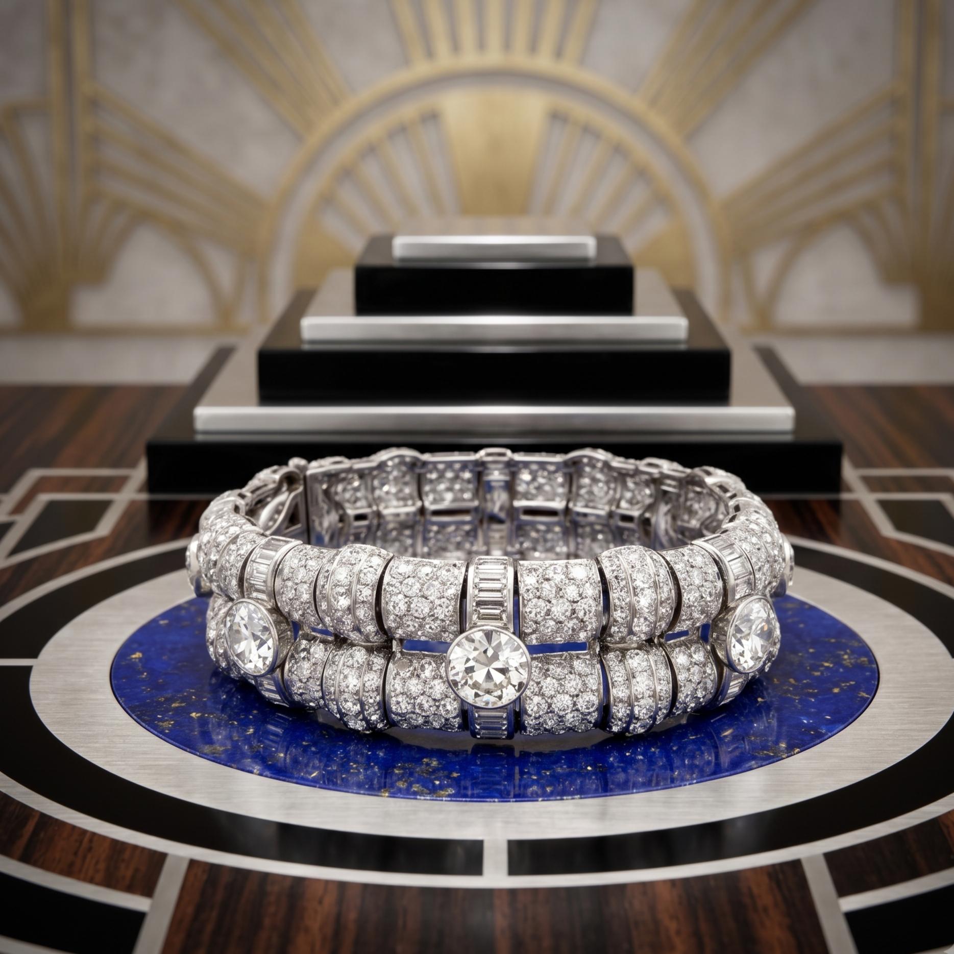 Vintage Platinum Art-Deco Bracelet with 29.4ct Old European & Baguette Diamonds