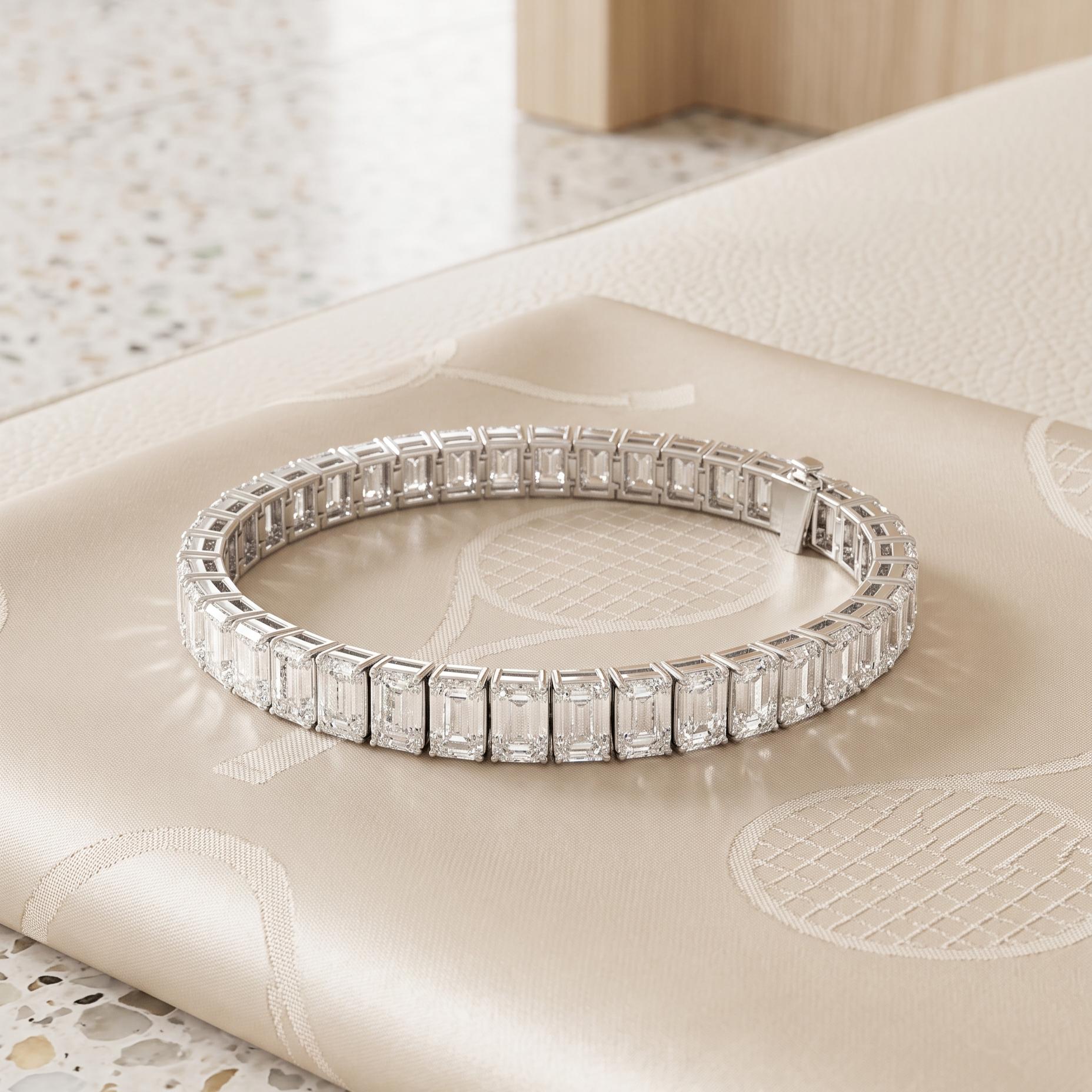Platinum Tennis Bracelet with 28.45 Carat Emerald Cut Diamonds 39.6 Grams GIA