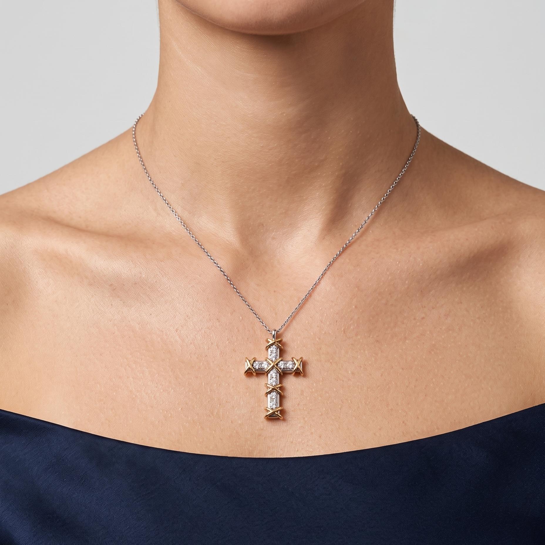Tiffany & Co 18K Two Tone Gold Cross Pendant Necklace 0.35ct Round F VS Diamonds
