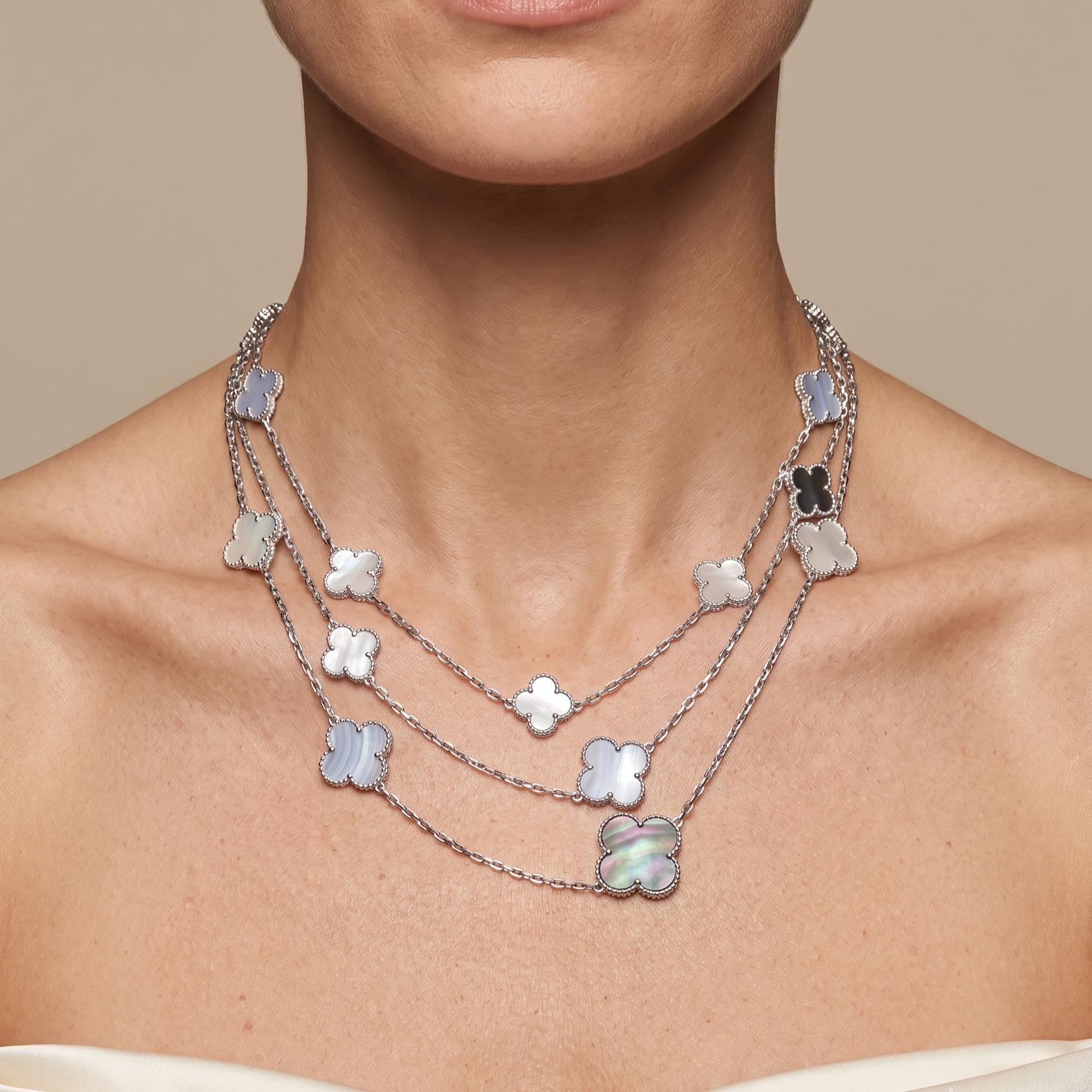 Van Cleef & Arpels 18K White Gold Link Necklace Alhambra Clover Motifs 48 Inch