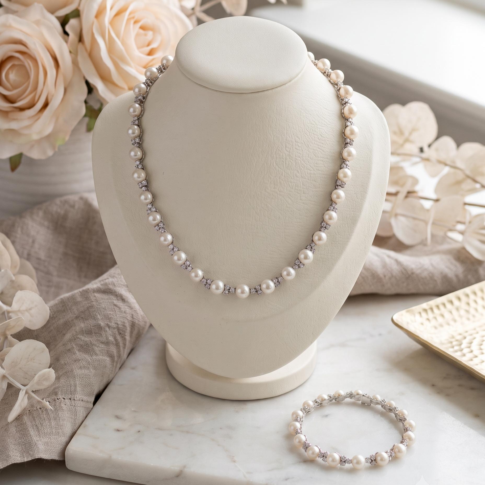 Platinum Link Necklace & Bracelet Set with 4.7ct Round F VS Diamonds & Pearls